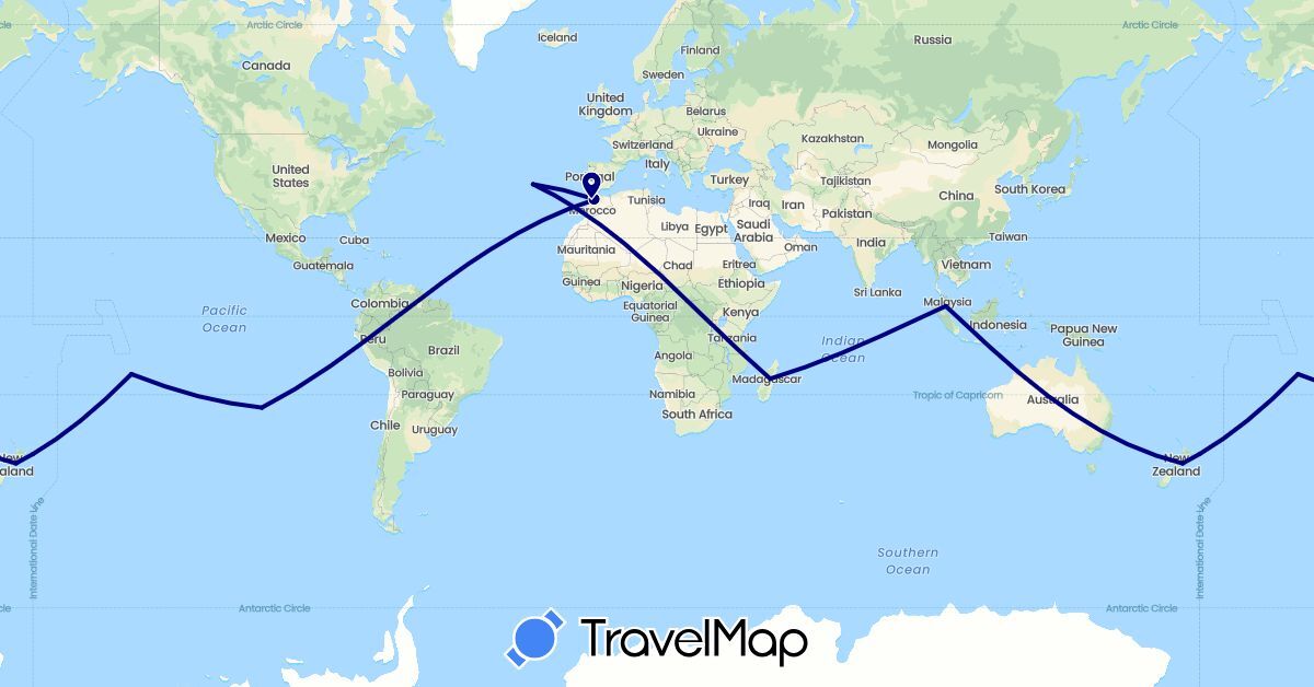 TravelMap itinerary: driving in Chile, France, Morocco, Madagascar, Malaysia, New Zealand, Portugal (Africa, Asia, Europe, Oceania, South America)